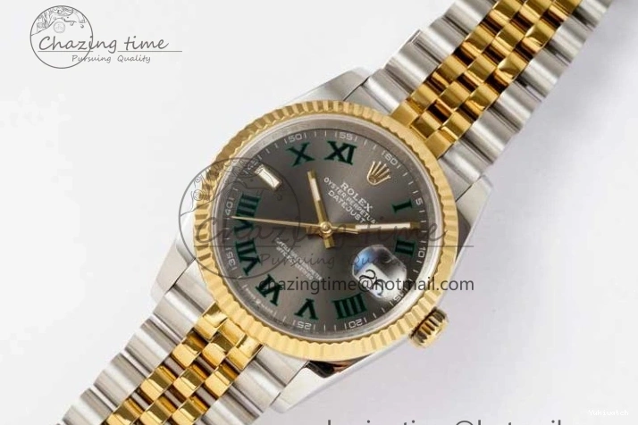 DIWF 904L SA3235 1:1 YG DateJust on Steel Bracelet Jubilee 36mm Best SS Markers Gray Dial Edition Green 0404